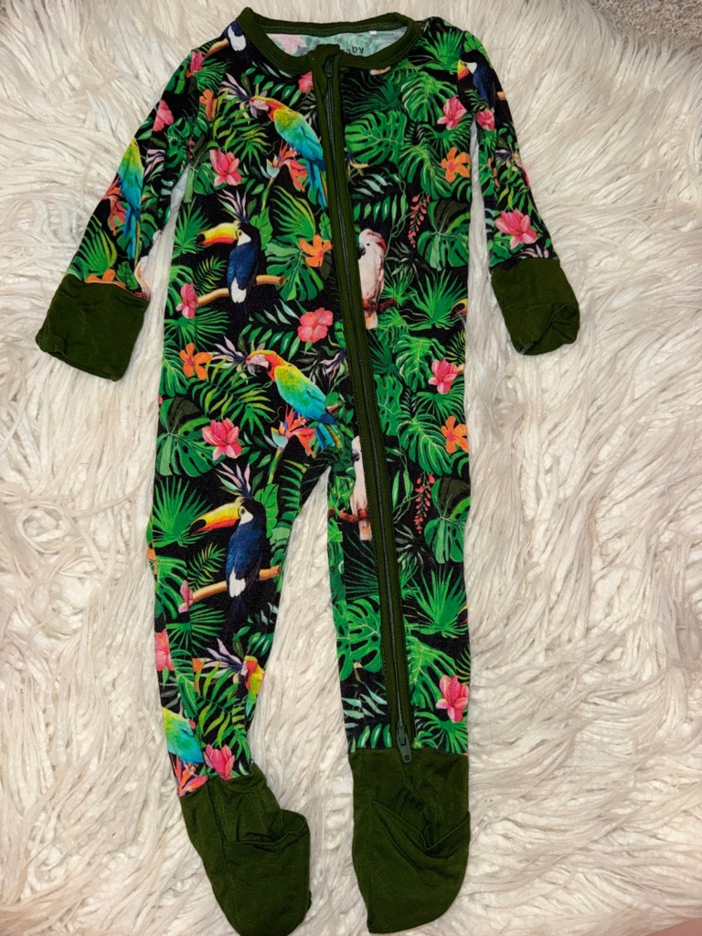 Butter Tropical Bird Footed One-Piece Pajamas - Green, Black, Pink